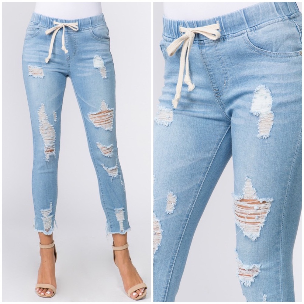 Distressed tie waist skinny denim joggers - Picture 3 of 3